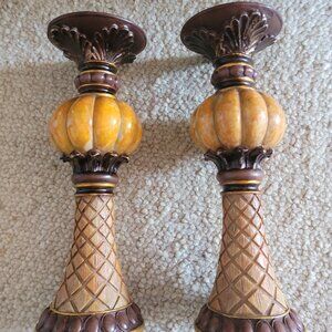Pair fall harvest pumpkin seasonal decor candle holders
